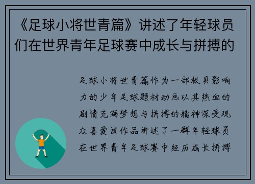 《足球小将世青篇》讲述了年轻球员们在世界青年足球赛中成长与拼搏的热血故事 《足球小将世青篇》讲述了年轻球员们在世界青年足球赛中成长与拼搏的热血故事