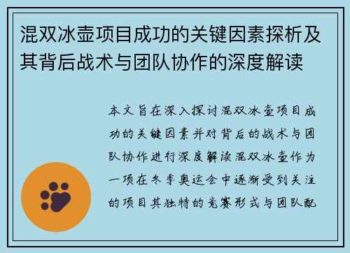 混双冰壶项目成功的关键因素探析及其背后战术与团队协作的深度解读