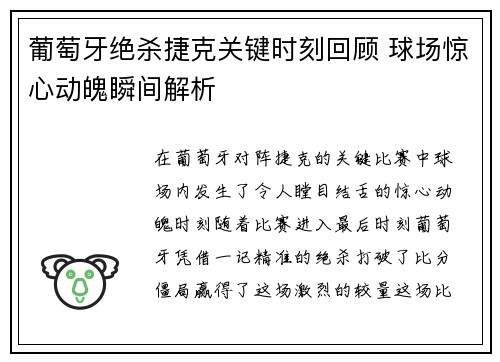 葡萄牙绝杀捷克关键时刻回顾 球场惊心动魄瞬间解析