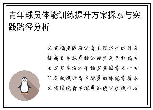 青年球员体能训练提升方案探索与实践路径分析