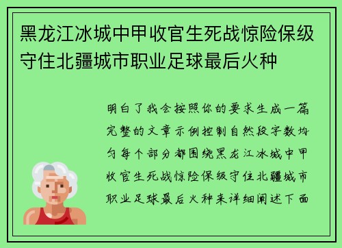 黑龙江冰城中甲收官生死战惊险保级守住北疆城市职业足球最后火种